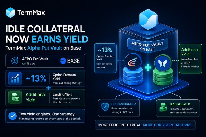 A promotional graphic for TermMax titled 'IDLE COLLATERAL NOW EARNS YIELD' advertising the TermMax Alpha Put Vault on Base, highlighting a ~13% option premium yield from put selling plus additional lending yield from the Gauntlet-curated Morpho market.