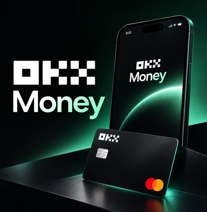 Promotional image for OKX Money showing a smartphone displaying the app logo next to a black Mastercard credit card against a dark green background.
