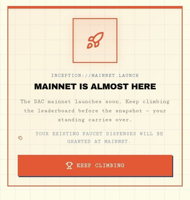 The image is a stylized announcement card reading "INCEPTION://MAINNET.LAUNCH — MAINNET IS ALMOST HERE," announcing that the DAC mainnet launches soon, that existing faucet dispenses will be granted at mainnet, and featuring an orange "KEEP CLIMBING" call-to-action button. It visually supports the post's message by encouraging users to complete testnet tasks and farm points before the upcoming mainnet, snapshot, TGE, and airdrop.