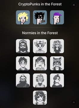 The image shows a digital art collection titled "CryptoPunks in the Forest" at the top and "Normies in the Forest" below, featuring pixelated portraits of various characters in a forest theme. The collection relates to the post as it appears to be promotional artwork for the creator's edition "Where the Wild Takes Tea," highlighting their forest-themed NFT artwork project available for 15 tez to support @MagicForestLand.
