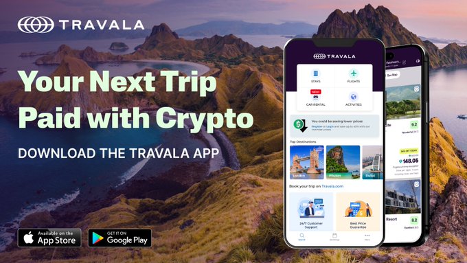 A promotional banner for 'TRAVALA' advertises 'Your Next Trip Paid with Crypto' over a scenic mountain and ocean landscape, with app screenshots and App Store/Google Play download badges.