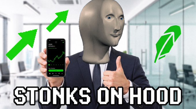 A meme image of a man in a suit with a blank face, known as 'Stonks' or Meme Man, holding a phone showing the HOOD (Robinhood) app with the text 'STONKS ON HOOD' at the bottom.