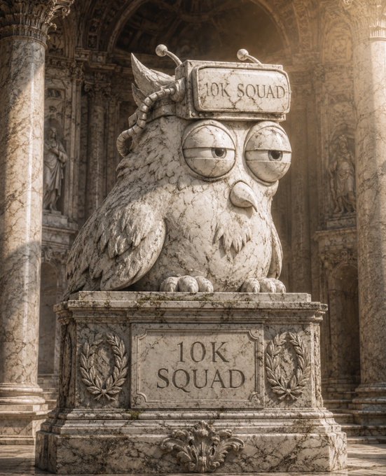 A marble statue of a tired-looking owl wearing a headband with antennae, displayed on a pedestal inscribed with '10K SQUAD' in an ornate classical setting.