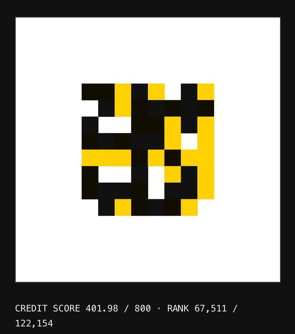 A pixelated black and yellow square pattern resembling a QR code, displayed with a credit score of 401.98/800 and rank 67,511/122,154.