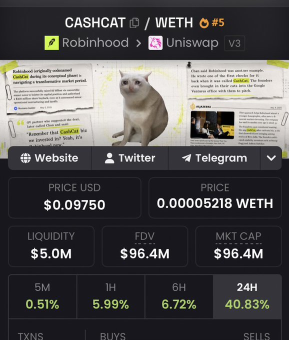 A cryptocurrency tracker interface showing the CashCat/WETH trading pair on Uniswap V3 via Robinhood, with a cat photo meme above metrics displaying a price of $0.09750, liquidity of $5.0M, FDV of $96.4M, and a 24-hour gain of 40.83%.