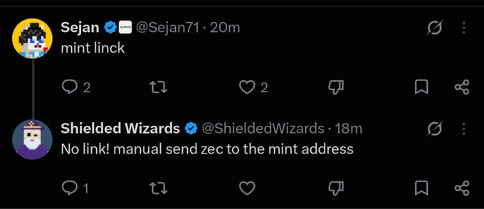 Tweets from Sejan (@Sejan71) and Shielded Wizards (@ShieldedWizards) discussing minting ZEC, with the latter noting "No link! manual send zec to the mint address".