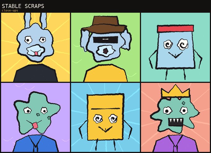 An array of six colorful cartoon characters labeled 'STABLE SCRAPS close-ups', featuring various shapes including a blue rabbit, a one-eyed figure in a hat, a blue rectangle, a green star, a yellow square, and a crowned monster.