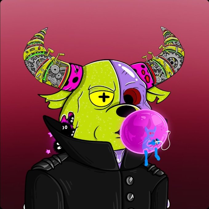 A stylized digital illustration of a yellow-green horned character wearing a black leather jacket, with mechanical gears visible inside its curved horns and a small blue creature emerging from a pink bubble it is blowing.