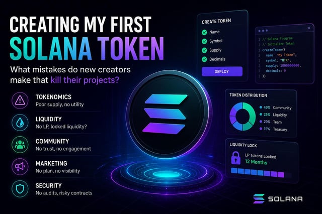 The image features a graphic description of creating a first Solana token, providing tips to avoid the most common mistakes new creators face when developing such tokens. The text highlights the main points that should be considered during the initial stages of creating a successful token project. In this way, potential creators can learn from these examples and avoid making the same mistakes as experienced users.