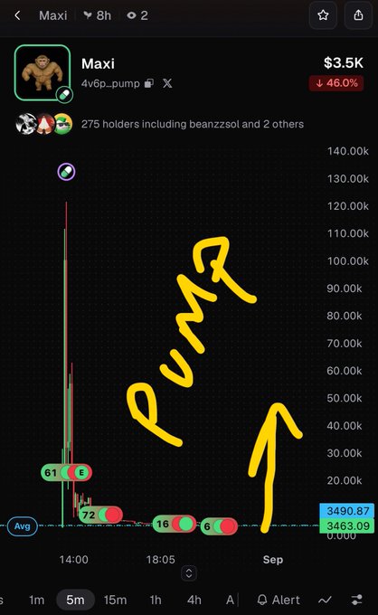A mobile crypto trading chart for the 'Maxi' token on the 4v6p_pump pair, showing a market cap of $3.5K, down 46.0%, with a handwritten yellow annotation labeling a downward move as a 'PUMP'.