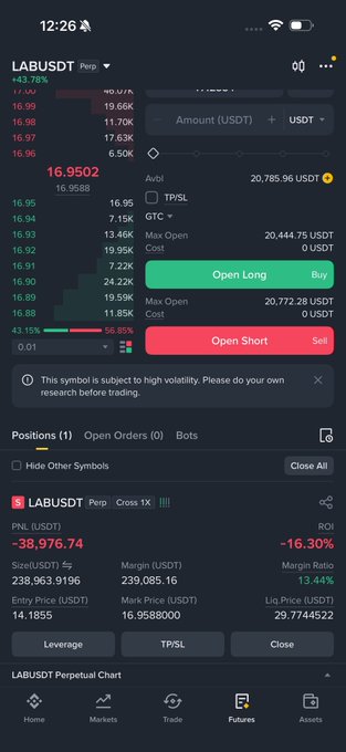 The image displays a screenshot of a smartphone's stock trading app, with the background color appearing as black. The app is open, showing various stocks from different exchanges like LabusDT, USDT, and Binance. There are multiple options available, such as shorting (with an open long position), options, and margin buy/sell positions. Users can also select from a list of quotes to see price data for specific companies or products. The app is set at the bottom center of the screen, displaying information about stocks that users might be interested in trading or investing.