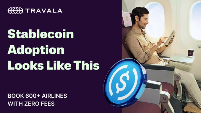 The image features a man sitting in an airplane with his legs crossed while looking at his cell phone. There are two blue circles in the image - one of them has a dollar sign symbol, which could be a representation of stablecoins or another type of digital currency. Below these circles is text that reads "Stablecoin Adoption Looks Like This" and "Book 600+ Airlines with zero fees". The post seems to be promoting the idea of using stablecoins for travel expenses as an alternative to traditional payment methods, such as credit cards or cash.