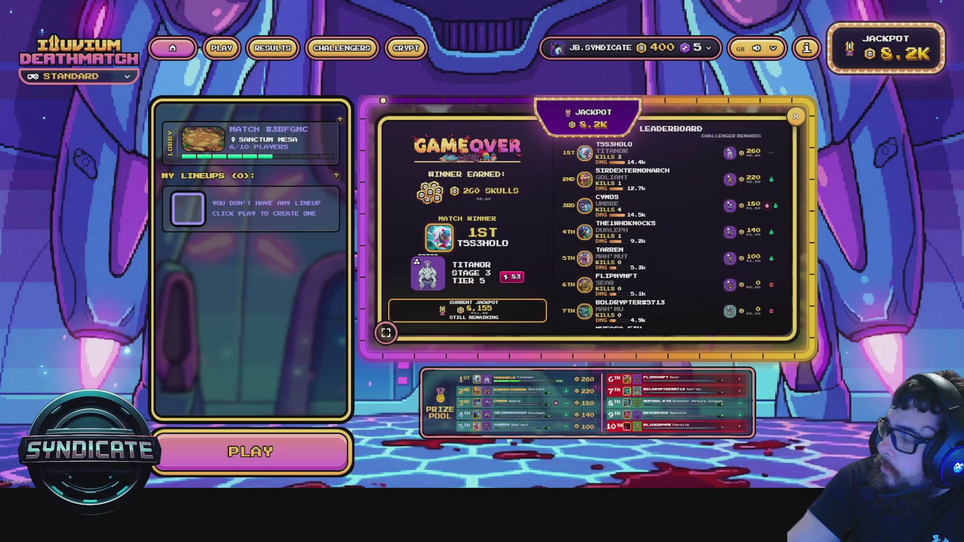 The image shows a computer screen displaying a game over screen with various options, including "Gamed Over", "Gamed Over", and "Gamed Over". The text at the bottom of the screen reads "Syndicate #web3". A man wearing headphones is sitting in front of the screen.