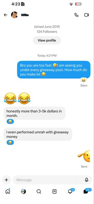 A screenshot of an Instagram DM conversation where someone claims to earn "$3-5k dollars in month" from crypto giveaway posts and has "performed umrah with giveaway money," supporting the post's claim about making $5k monthly from crypto giveaways.
