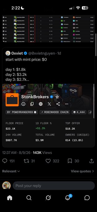 A screenshot of a Twitter/X post by user '0xviet' showing NFT trading data for a collection named 'StonkBrokers' on the Robinhood Chain, with stats including a $23.1K floor price and $807.7K 24H volume, overlaid on a phone interface showing the time 2:22.