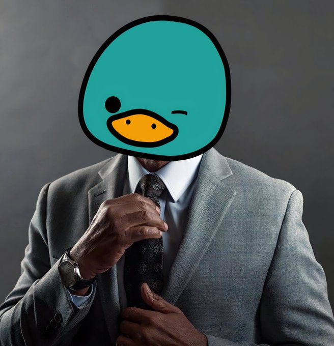 A professional man in a gray suit adjusts his tie while a cartoon teal duck face is superimposed over his head, symbolizing someone preparing to invest as an "early duck" into institutional onchain yield funds.