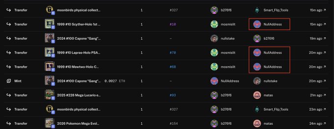 A dark-themed NFT marketplace transaction list showing various transfers and mints for collections like 'moonbirds physical collect', 'Scytcher-Holo', 'Capone "Gang"', and 'Lapras-Holo PSA', with some 'NullAddress' entries highlighted in red boxes.