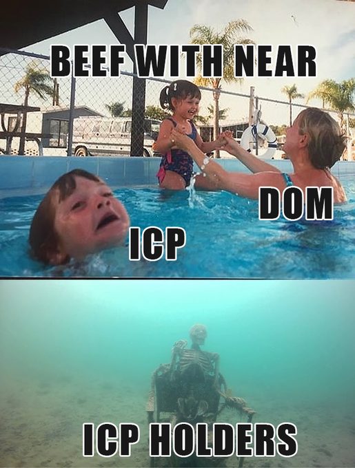A meme contrasts a child struggling in a swimming pool, labeled “BEEF WITH NEAR DOM,” with an underwater machine labeled “ICP HOLDERS.” It jokes about @dominic_w and ICP holders still waiting for the supposedly “stolen” technology to work on ICP.