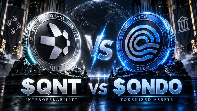 Graphic comparing two coins, "$QNT vs $ONDO", labeled "INTEROPERABILITY" and "TOKENIZED ASSETS" respectively.