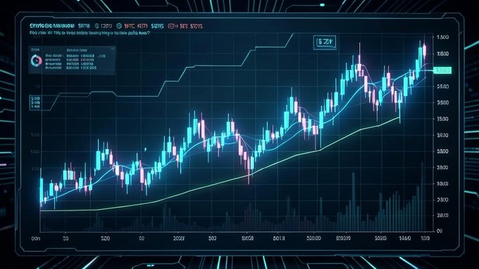 A futuristic cyan-themed cryptocurrency candlestick chart displayed on a glowing screen with technical indicators, showing price movements over time.