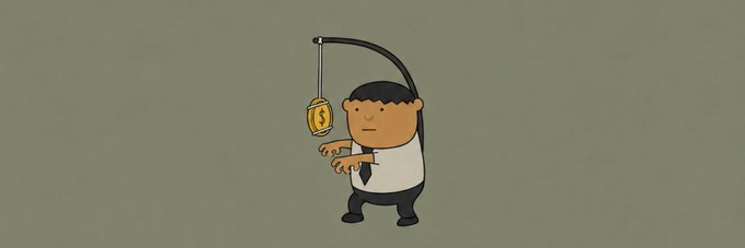 The illustration shows a cartoon businessman with a fishing rod catching a gold tag labeled "$GG," which relates to the post by visually representing the community member "catching" or acquiring the Solana token banner image for the Moby platform.
