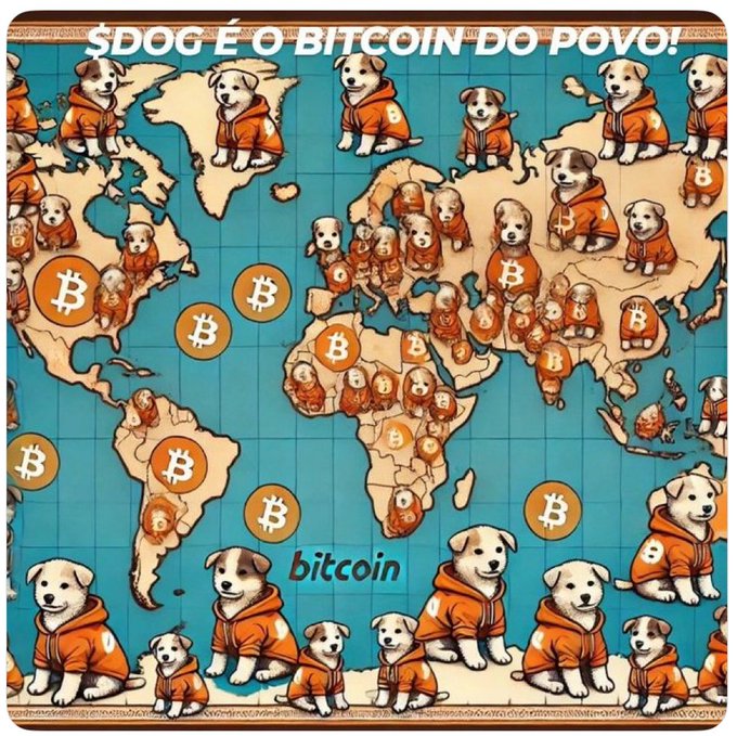 A vibrant, cartoon-style world map featuring dogs in orange hoodies and Bitcoin logos scattered across continents, with the Portuguese text "$DOG É O BITCOIN DO POVO!" ($DOG is the Bitcoin of the people!) at the top and "bitcoin" labeled in the ocean. The image visually reinforces the $DOG Army post by depicting their global, worldwide presence with dogs—fitting the "LIVES ON EARTH" theme.