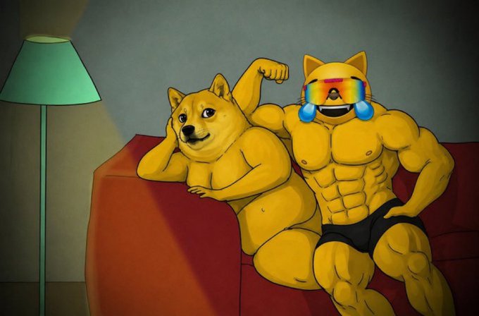 The image shows two Shiba Inu characters—a regular female Doge and a muscular male Doge wearing rainbow tears—sitting together on a red couch, representing the popular "Cheems" and "Swole Doge" meme used in crypto communities. This relates to the "$MOG GIGA BULLISH RUN LOADING" post by symbolizing strength and optimism for the MOG cryptocurrency ahead of a major upward price movement.