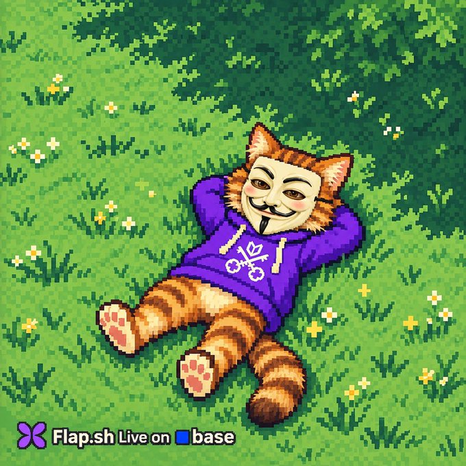 Pixel art of an orange tabby cat in a purple hoodie and Guy Fawkes mask relaxing in green grass, with 'Flap.sh Live on base' text.