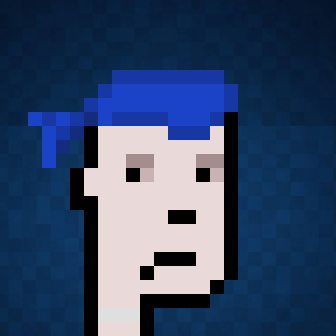 A simple pixel art figure with a pink and blue gradient face stands against a dark blue pixelated background.