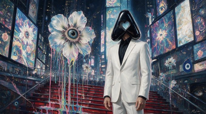 An artistic illustration of a figure in a white suit with a black triangular head featuring a heart cutout, standing on red stairs surrounded by large, surreal flowers with eye-like centers.
