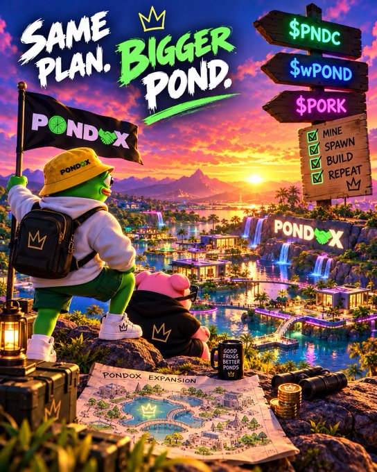 A colorful promotional poster for 'PONDOX' with the headline 'SAME PLAN. BIGGER POND.' featuring a green cartoon frog character overlooking a luxurious pondside landscape, with signs listing '$PNDC', '$wPOND', and '$PORK'.