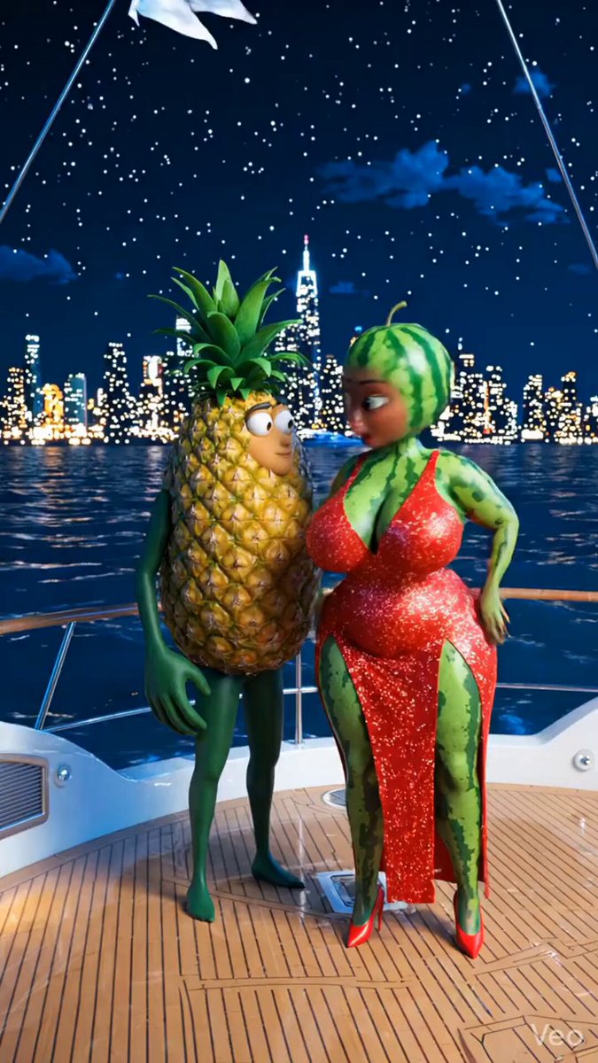 The image features a man dressed as a pineapple and a woman dressed as a watermelon, standing together on a boat with a city skyline in the background. The scene suggests that they are attending an event or gathering related to finance and real estate.