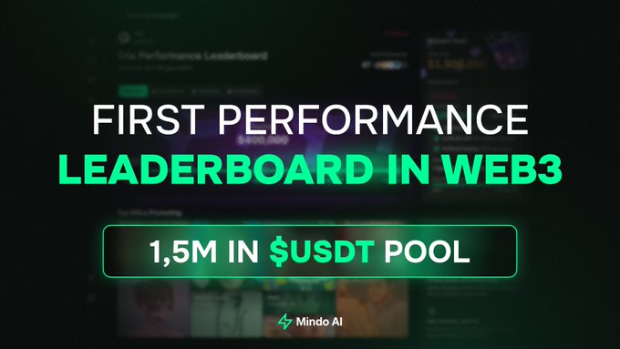 The image features a green banner with white text that reads "First performance leaderboard in web3" and "1.5M in USDT pool". The banner also includes a link to a website called @useTria, which is likely related to the first performance leaderboard in web3.