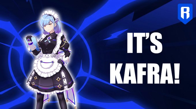 An anime-style character in a black and white maid outfit holds a card next to large text reading "IT'S KAFRA!" against a blue background with an "R" logo, matching the post's announcement of the Kafra character from RO Americas.