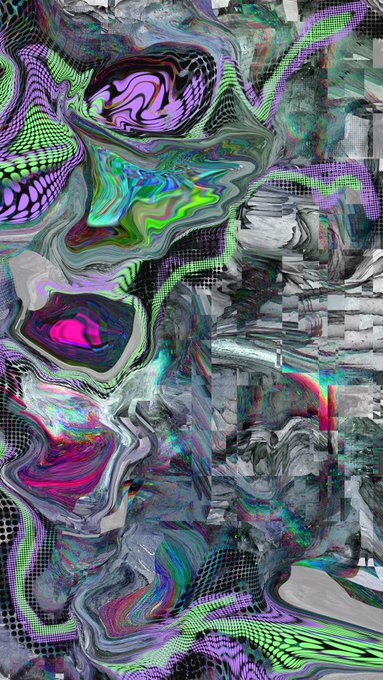 An abstract, psychedelic digital artwork featuring swirling distorted shapes in neon green, purple, pink, and grayscale tones.