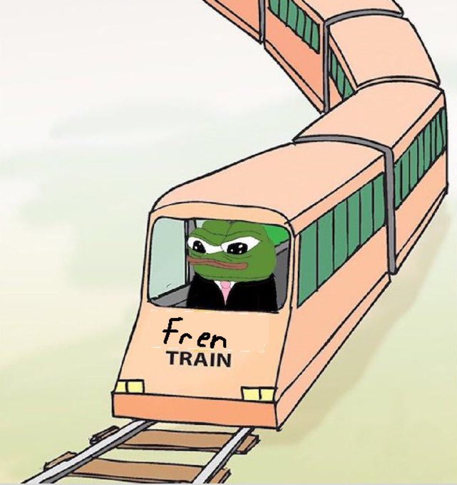 An illustration of a Pepe the Frog character in a suit driving a cartoon train labeled 'fren TRAIN'.