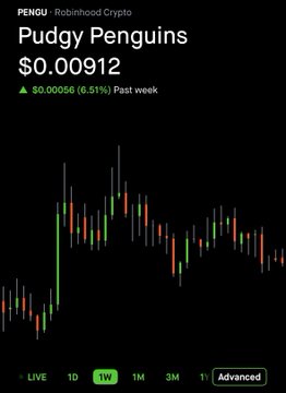 A Robinhood Crypto screenshot showing Pudgy Penguins (PENGU) token at $0.00912, up 6.51% for the past week, displayed with a candlestick price chart.