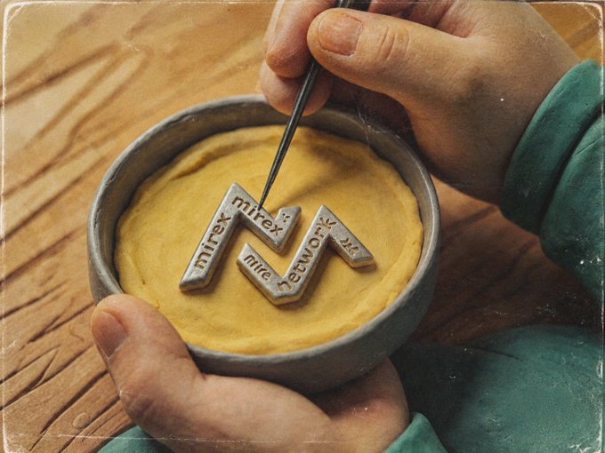 A pair of hands carefully uses tweezers to arrange metal letterpress stamps spelling "mirex network" within a circular mold of yellow clay on a wooden surface, visually embodying the brand-building, foundational approach described in the caption about thoughtfully constructing businesses on-chain rather than merely tokenizing assets.