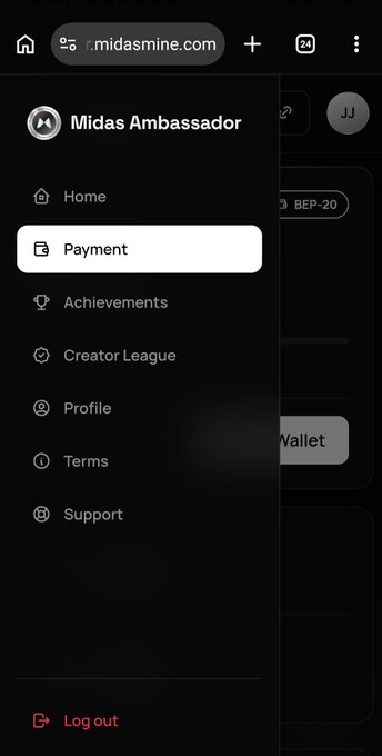 A mobile screenshot of the Midas Ambassador website (midasmine.com) showing a navigation menu with options including Home, Payment (currently selected), Achievements, Creator League, Profile, Terms, Support, and Log out.