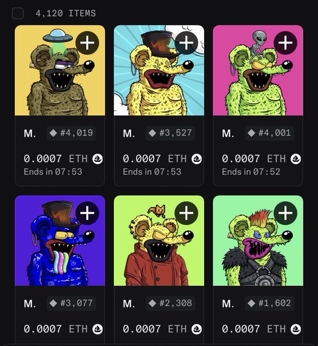 A grid displays 4,120 NFT items featuring various zombie/alien rat characters with different outfits and accessories, each priced at 0.0007 ETH with auction timers counting down.