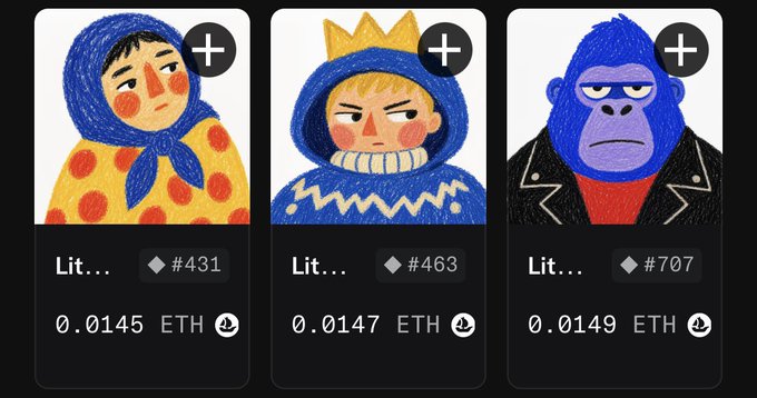 Three digital NFT-style trading cards display childlike crayon drawings — a figure in a blue headscarf, a crowned character, and a blue gorilla in a suit — each priced between 0.0145 and 0.0149 ETH.