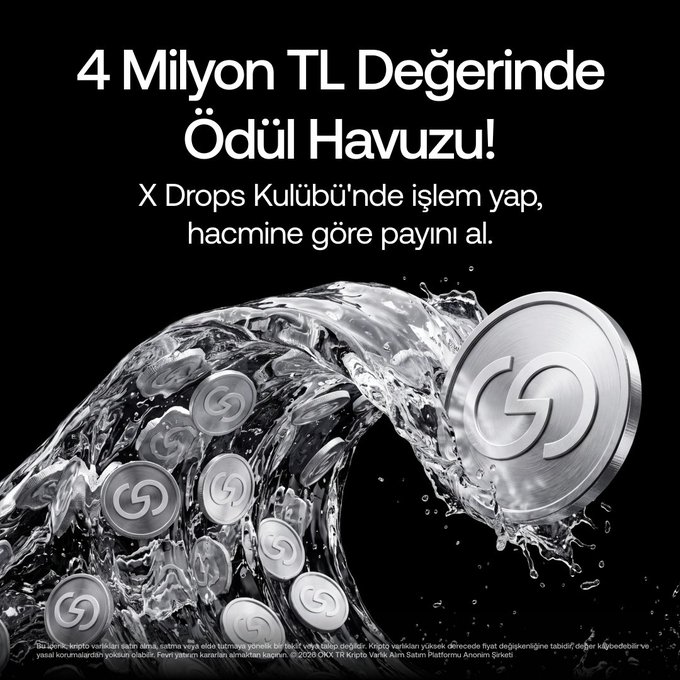 A bold promotional graphic with a black background features white text reading "4 Milyon TL Değerinde Ödül Havuzu!" (4 Million TL Prize Pool!) and "X Drops Kulübü'nde işlem yap, hacmine göre payını al" (Trade in X Drops Club, get your share based on volume). Silver cryptocurrency coins with an "S" logo splash through water in a dynamic wave formation, with OKX TR branding and disclaimers visible at the bottom, advertising the OKX X Drops Club campaign offering a ₺4,000,000 prize pool.