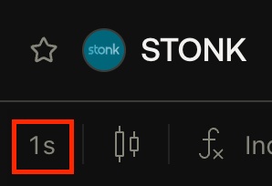 A screenshot of the STONK trading interface on JTX shows the "STONK" ticker prominently displayed alongside a highlighted "1s" timeframe option, outlined in red, indicating the newly available 1-second chart feature.