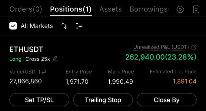 The image shows a screenshot of an excel spreadsheet containing information about positions, such as their long-term values, entry prices, and trailing stop losses. The text within the cell references an Ethereum trading group that has sent signals for a particular position to be closed by users. In the image description provided, it is emphasized that this group is associated with the coinETH/futurestrading.