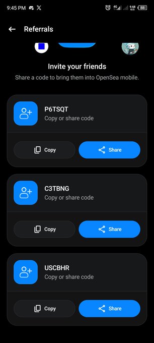 A smartphone screenshot shows a 'Referrals' page for OpenSea mobile, displaying invite codes 'P6TSQT', 'C3TBNG', and 'USCBHR' with 'Copy' and 'Share' buttons.