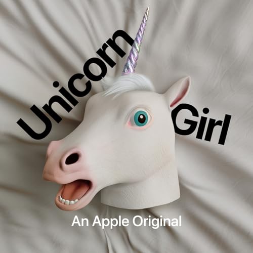 A square cover/promotional image featuring a 3D-rendered unicorn head with a surprised expression on bed sheets, with text 'Unicorn Girl' and 'An Apple Original'.