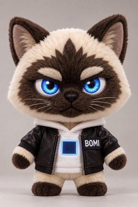 A plush toy of a Siamese cat with blue eyes, wearing a black leather jacket with the text "BOMI" over a white hoodie featuring a glowing blue square.