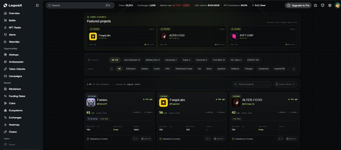 Screenshot of the LegacyX crypto launchpad platform showing featured projects 'ALTER // EGO', 'FungioLabs', and 'RWFI CORP', along with trending projects Forsen and AETER // EGO, with Ethereum selected as the default chain and 24h volume of $154,653.