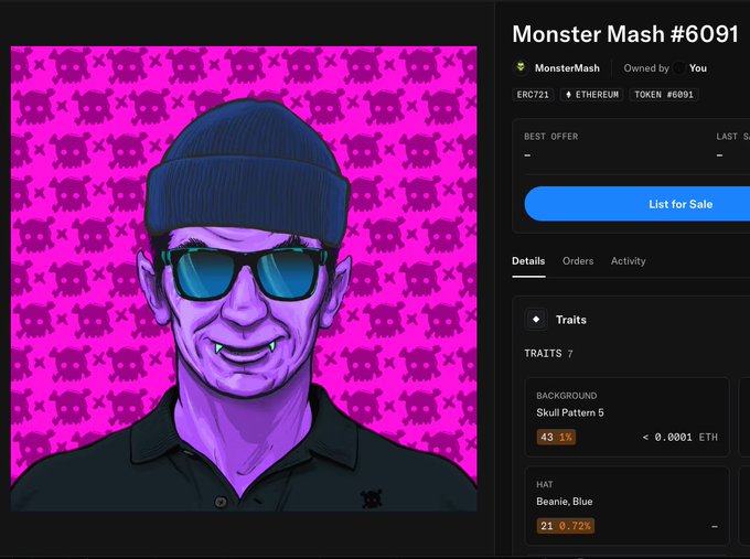 A screenshot of an NFT marketplace listing for "Monster Mash #6091" (ERC721, Ethereum Token #6091) owned by the user, displaying a purple-skinned character with sunglasses and a beanie against a pink "Skull Pattern 5" background with trait details (43% rarity for Background, 21% for the Blue "Beanie" hat), alongside a "List for Sale" button—illustrating the user's nostalgic first NFT purchase and its current low market value.