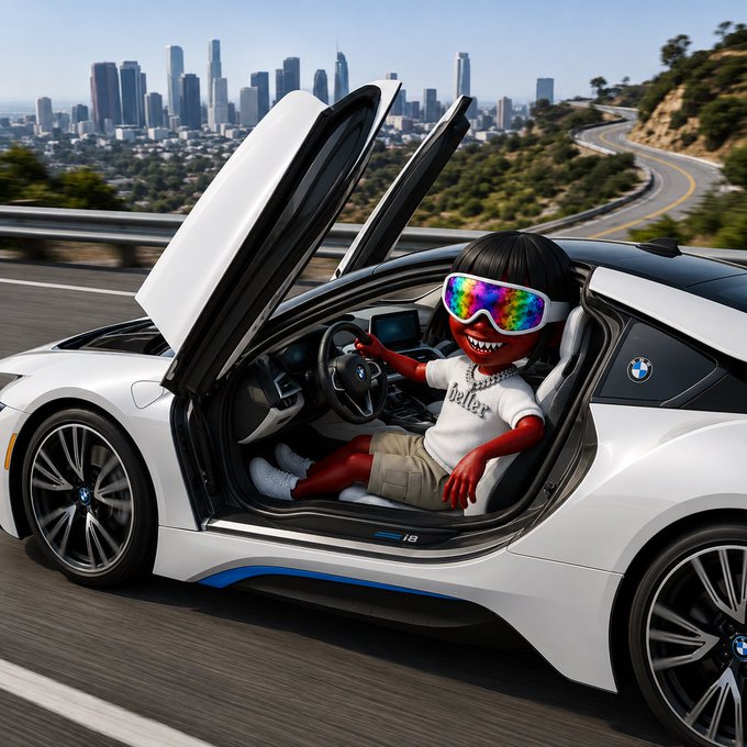 A digital illustration shows a stylized red-skinned cartoon character with a bob haircut and tie-dye goggles sitting in the driver's seat of a white BMW i8, with the scissor doors open and a Los Angeles skyline in the background—matching the "Gm bros 🤍" vibe of a flashy, attention-grabbing "good morning" flex. The text "i8" is visible on the car's door sill, along with the BMW logo on the wheel.